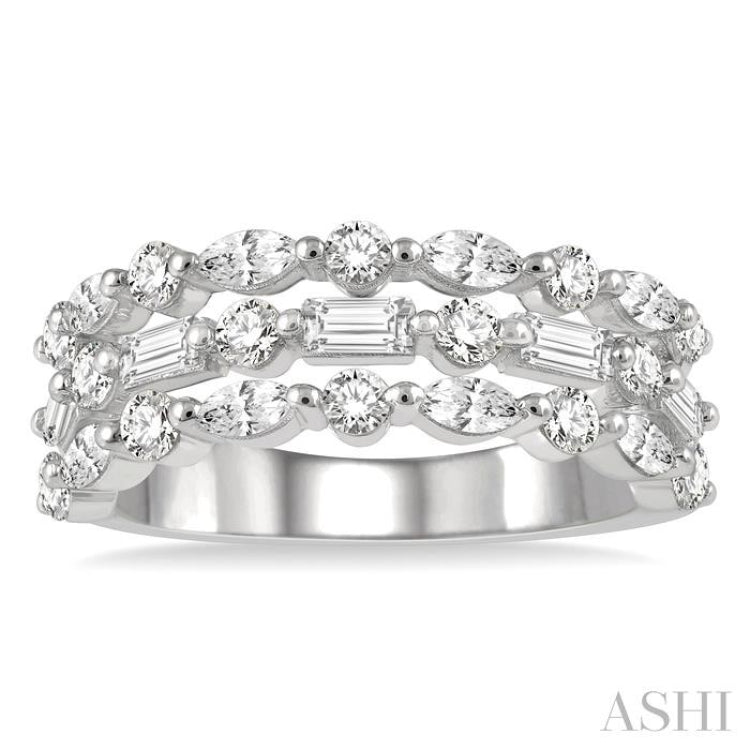 1 1/2 ctw Triple Row Baguette, Marquise and Round Cut Diamond Fashion Band in 14K White Gold