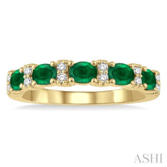 4x3 MM Oval Shape Emerald and 1/6 ctw Round Cut Diamond Precious Band in 14K Yellow Gold