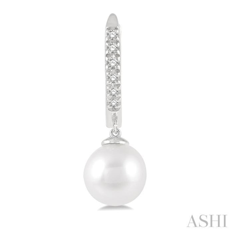 6 MM Round Shape Cultured Pearls and 1/8 ctw Round Cut Diamond Drop Petite Huggie Earrings 14K White Gold