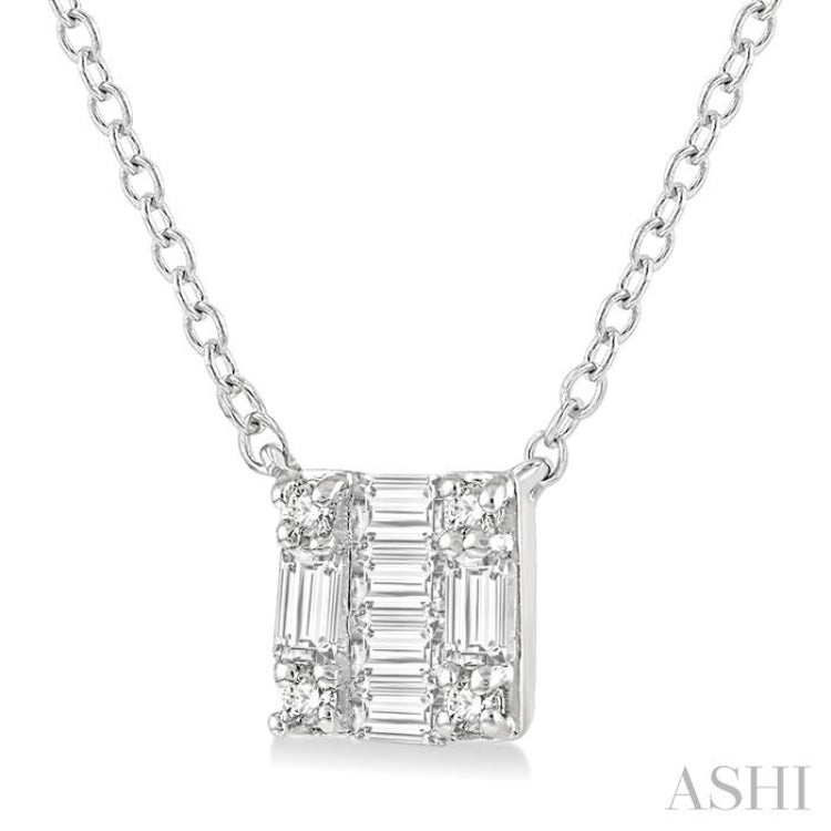 1/8 ctw Square Shape Baguette and Round Cut Diamond Petite Fashion Pendant With Chain in 14KWhite Gold