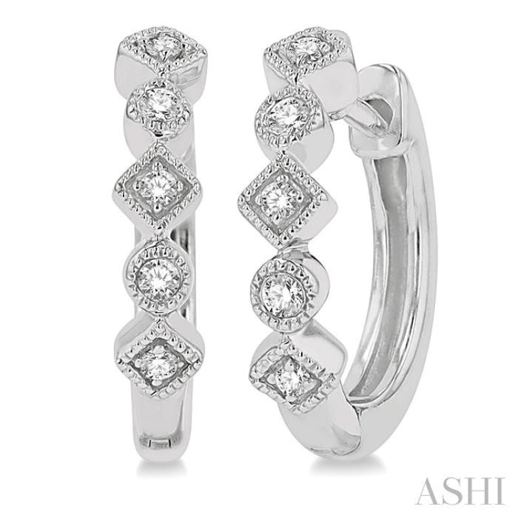 1/10 ctw Circular & Rhombus Mount Round Cut Diamond Huggie Petite Earrings in 14K White Gold