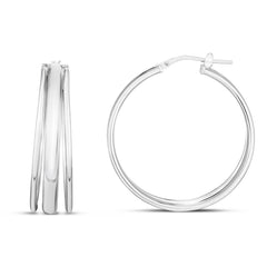 Silver with Rhodium Finish Polished Triple Row Earring with Hinged Clasp