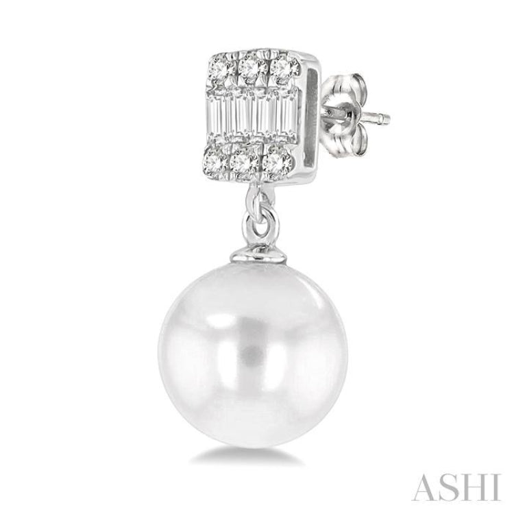 6 MM Cultured Pearls and 1/10 ctw Baguette and Single Cut Diamond Earrings in 14K White Gold