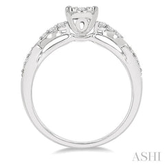 1/2 ctw Oval Shape Center Criss-Cross Carved Shank Lovebright Round Cut Diamond Engagement Ring in 14K White Gold