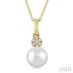 6 MM Round Shape Cultured Pearl and 1/50 ctw Round Cut Diamond Petite Fashion Pendant With Chain in 10K Yellow Gold