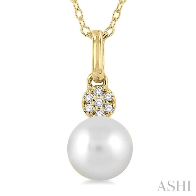 6 MM Round Shape Cultured Pearl and 1/50 ctw Round Cut Diamond Petite Fashion Pendant With Chain in 10K Yellow Gold