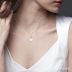 6 MM Round Shape Cultured Pearl and 1/50 ctw Round Cut Diamond Petite Fashion Pendant With Chain in 10K Yellow Gold