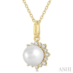 6 MM Round Shape Cultured Pearl and 1/10 ctw Petite Sun Round Cut Diamond Fashion Pendant With Chain in 10K Yellow Gold
