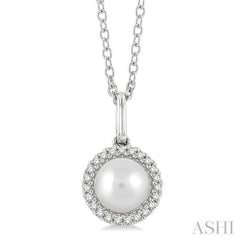 6 MM Round Shape Cultured Pearl and 1/20 ctw Petite Round Cut Diamond Halo Fashion Pendant With Chain in 10K White Gold
