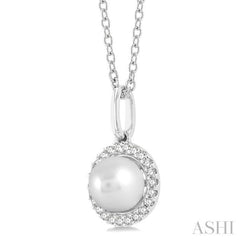 6 MM Round Shape Cultured Pearl and 1/20 ctw Petite Round Cut Diamond Halo Fashion Pendant With Chain in 10K White Gold