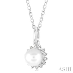 6 MM Round Shape Cultured Pearl and 1/10 ctw Petite Round Cut Diamond Fashion Pendant With Chain in 10K White Gold