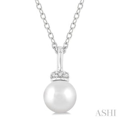 6 MM Round Shape Cultured Pearl and 1/20 ctw Petite Round Cut Diamond Crown Fashion Pendant With Chain in 10K White Gold