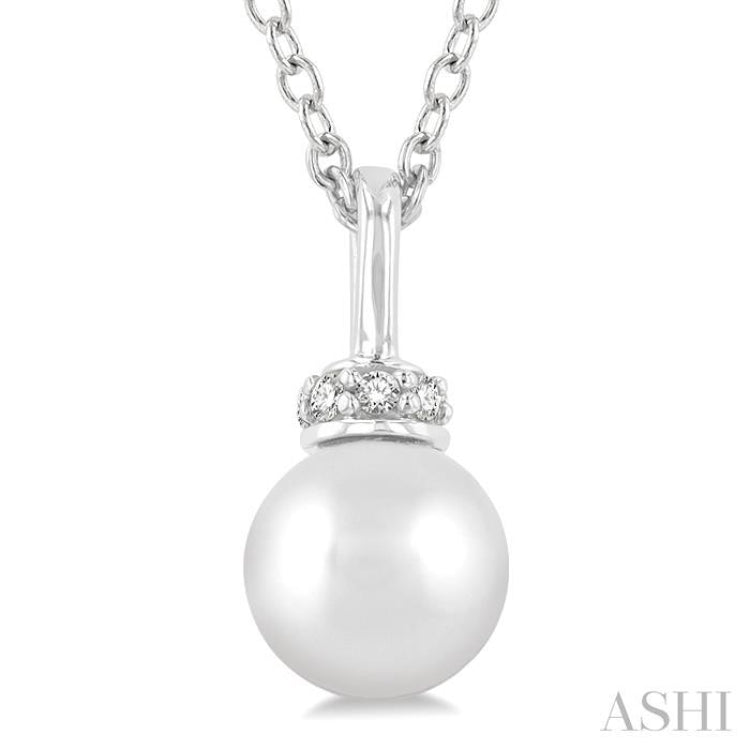 6 MM Round Shape Cultured Pearl and 1/20 ctw Petite Round Cut Diamond Crown Fashion Pendant With Chain in 10K White Gold