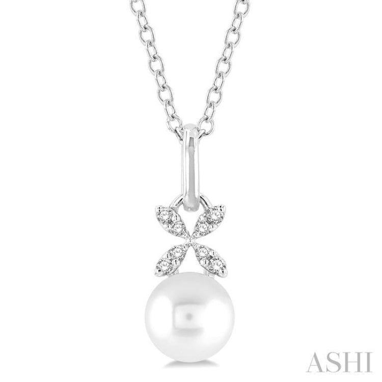 6 MM Round Shape Cultured Pearl and 1/50 ctw Petite Floral Round Cut Diamond Fashion Pendant With Chain in 10K White Gold