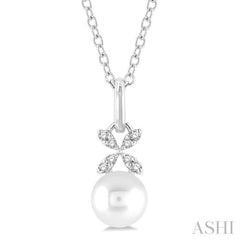 6 MM Round Shape Cultured Pearl and 1/50 ctw Petite Floral Round Cut Diamond Fashion Pendant With Chain in 10K White Gold