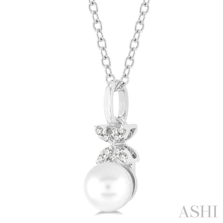 6 MM Round Shape Cultured Pearl and 1/50 ctw Petite Floral Round Cut Diamond Fashion Pendant With Chain in 10K White Gold
