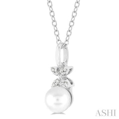 6 MM Round Shape Cultured Pearl and 1/50 ctw Petite Floral Round Cut Diamond Fashion Pendant With Chain in 10K White Gold