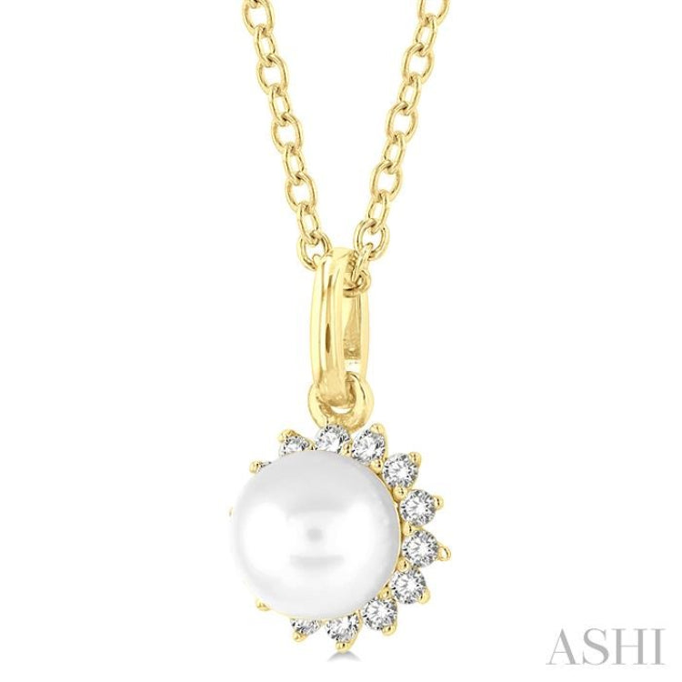 6 MM Round Shape Cultured Pearl and 1/10 ctw Petite Round Cut Diamond Fashion Pendant With Chain in 10K Yellow Gold