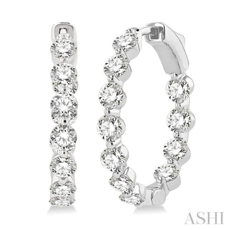 3 ctw Inside-Out Single Prong Set Round Cut Diamond Hoop Earrings in 14K White Gold