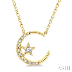 1/10 ctw Crescent Moon and Star Round Cut Petite Diamond Fashion Pendant With Chain in 10K Yellow Gold