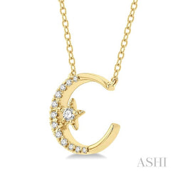 1/10 ctw Crescent Moon and Star Round Cut Petite Diamond Fashion Pendant With Chain in 10K Yellow Gold