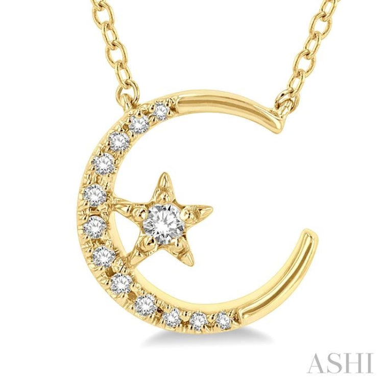 1/10 ctw Crescent Moon and Star Round Cut Petite Diamond Fashion Pendant With Chain in 10K Yellow Gold