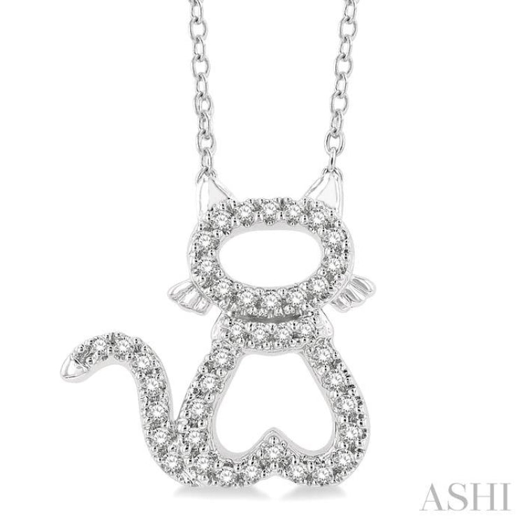 1/6 ctw Cat Shape Petite Round Cut Diamond Fashion Pendant With Chain in 10K White Gold