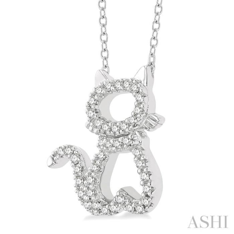 1/6 ctw Cat Shape Petite Round Cut Diamond Fashion Pendant With Chain in 10K White Gold
