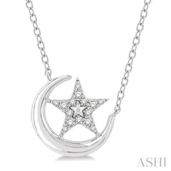 1/10 ctw Crescent Moon and Star Round Cut Petite Diamond Fashion Pendant With Chain in 10K White Gold