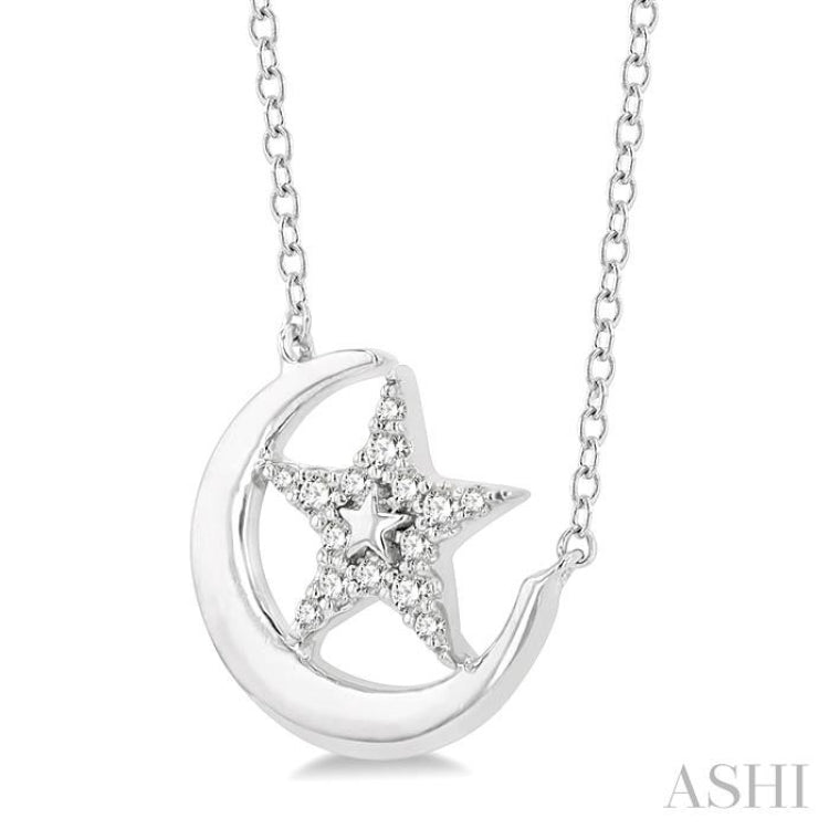 1/10 ctw Crescent Moon and Star Round Cut Petite Diamond Fashion Pendant With Chain in 10K White Gold