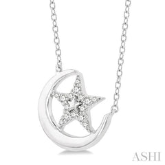 1/10 ctw Crescent Moon and Star Round Cut Petite Diamond Fashion Pendant With Chain in 10K White Gold