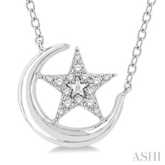 1/10 ctw Crescent Moon and Star Round Cut Petite Diamond Fashion Pendant With Chain in 10K White Gold