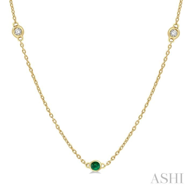 1.75 MM Emerald and 1/6 ctw Round Cut Diamond Precious Station Necklace in 14K Yellow Gold