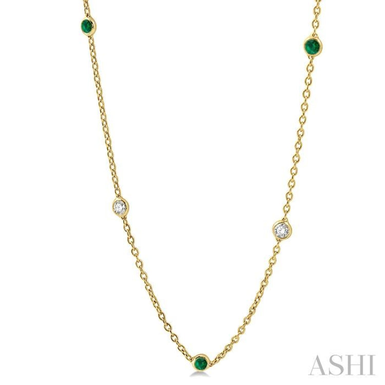 2.85 MM Emerald and 1/2 ctw Round Cut Diamond Precious Station Necklace in 14K Yellow Gold