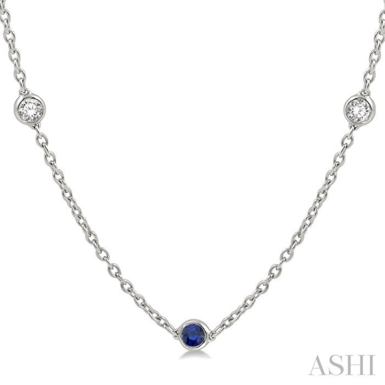 2.85 MM Sapphire and 1/2 ctw Round Cut Diamond Precious Station Necklace in 14K White Gold