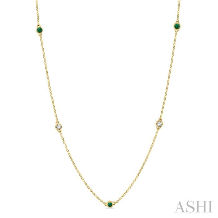 2.6 MM Emerald and 3/8 ctw Round Cut Diamond Precious Station Necklace in 14K Yellow Gold