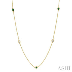 2.6 MM Emerald and 3/8 ctw Round Cut Diamond Precious Station Necklace in 14K Yellow Gold