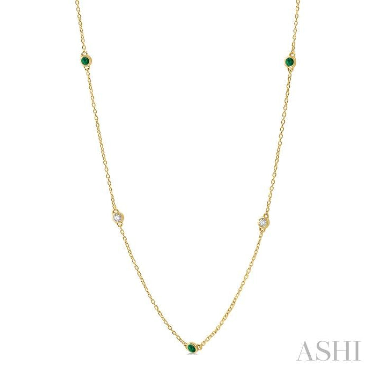 2.6 MM Emerald and 3/8 ctw Round Cut Diamond Precious Station Necklace in 14K Yellow Gold