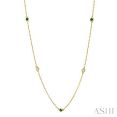 2.6 MM Emerald and 3/8 ctw Round Cut Diamond Precious Station Necklace in 14K Yellow Gold