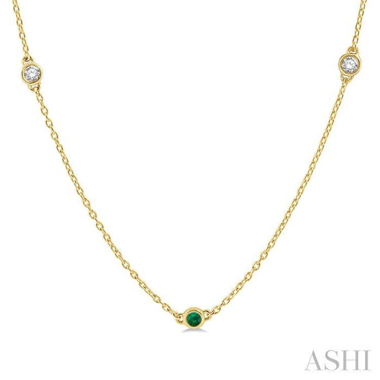 2.6 MM Emerald and 3/8 ctw Round Cut Diamond Precious Station Necklace in 14K Yellow Gold