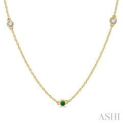 2.6 MM Emerald and 3/8 ctw Round Cut Diamond Precious Station Necklace in 14K Yellow Gold