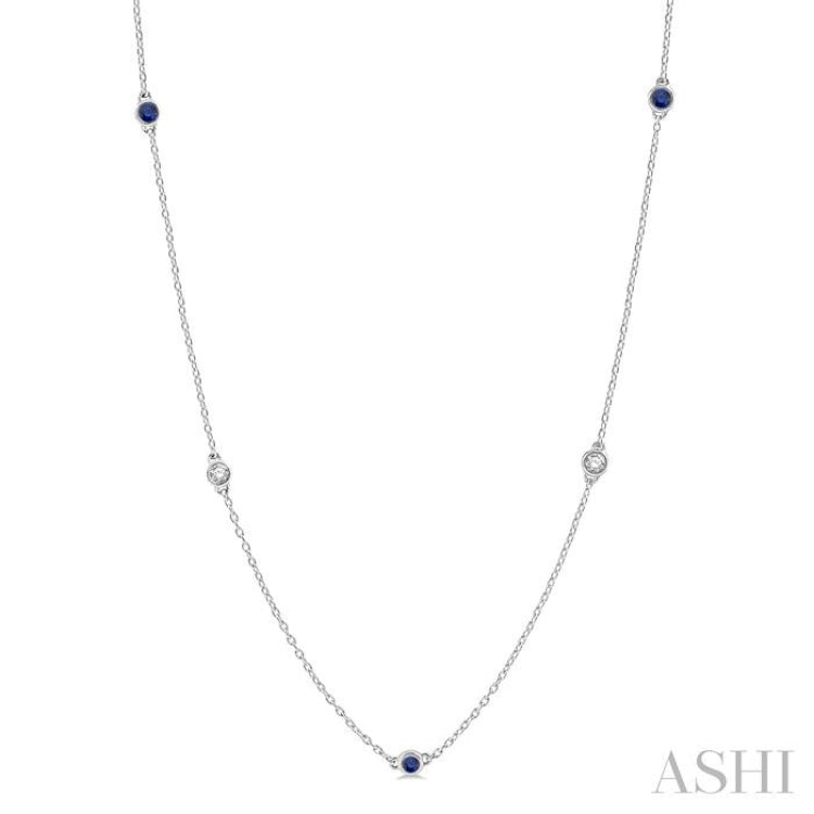 2.6 MM Sapphire and 3/8 ctw Round Cut Diamond Precious Station Necklace in 14K White Gold