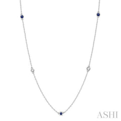 2.6 MM Sapphire and 3/8 ctw Round Cut Diamond Precious Station Necklace in 14K White Gold