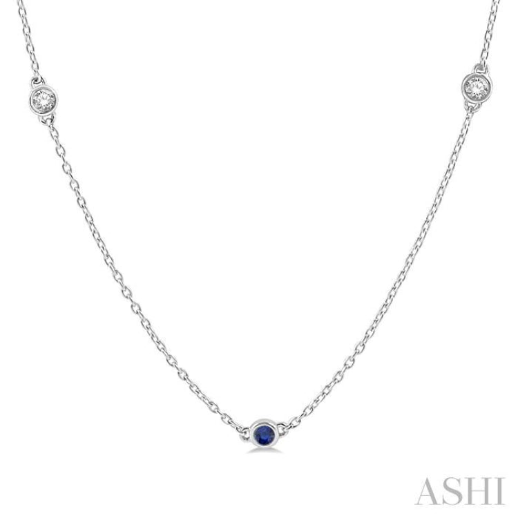 2.6 MM Sapphire and 3/8 ctw Round Cut Diamond Precious Station Necklace in 14K White Gold