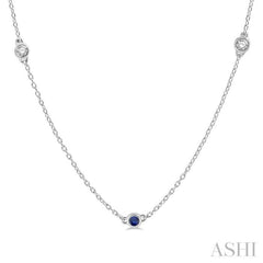 2.6 MM Sapphire and 3/8 ctw Round Cut Diamond Precious Station Necklace in 14K White Gold