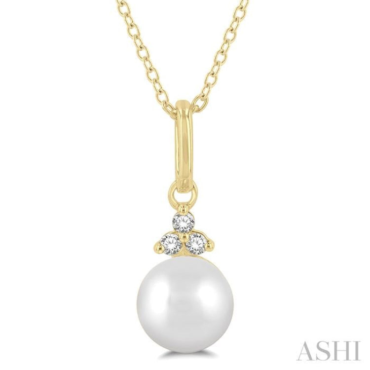 6 MM Round Shape Cultured Pearl and 1/50 ctw Round Cut Diamond Petite Fashion Pendant With Chain in 10K Yellow Gold
