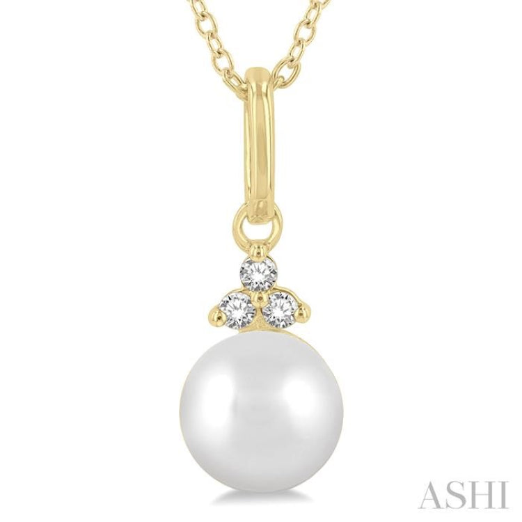 6 MM Round Shape Cultured Pearl and 1/50 ctw Round Cut Diamond Petite Fashion Pendant With Chain in 10K Yellow Gold