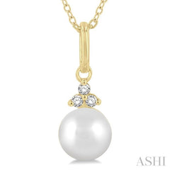 6 MM Round Shape Cultured Pearl and 1/50 ctw Round Cut Diamond Petite Fashion Pendant With Chain in 10K Yellow Gold