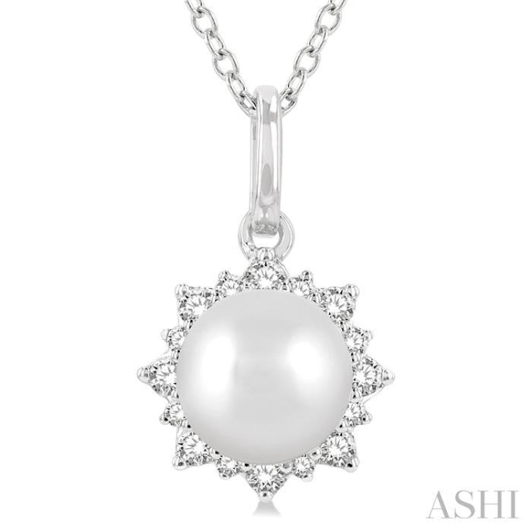 6 MM Round Shape Cultured Pearl and 1/10 ctw Petite Sun Round Cut Diamond Fashion Pendant With Chain in 10K White Gold