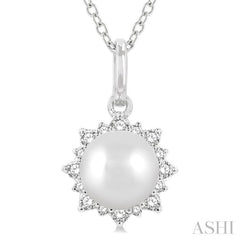 6 MM Round Shape Cultured Pearl and 1/10 ctw Petite Sun Round Cut Diamond Fashion Pendant With Chain in 10K White Gold